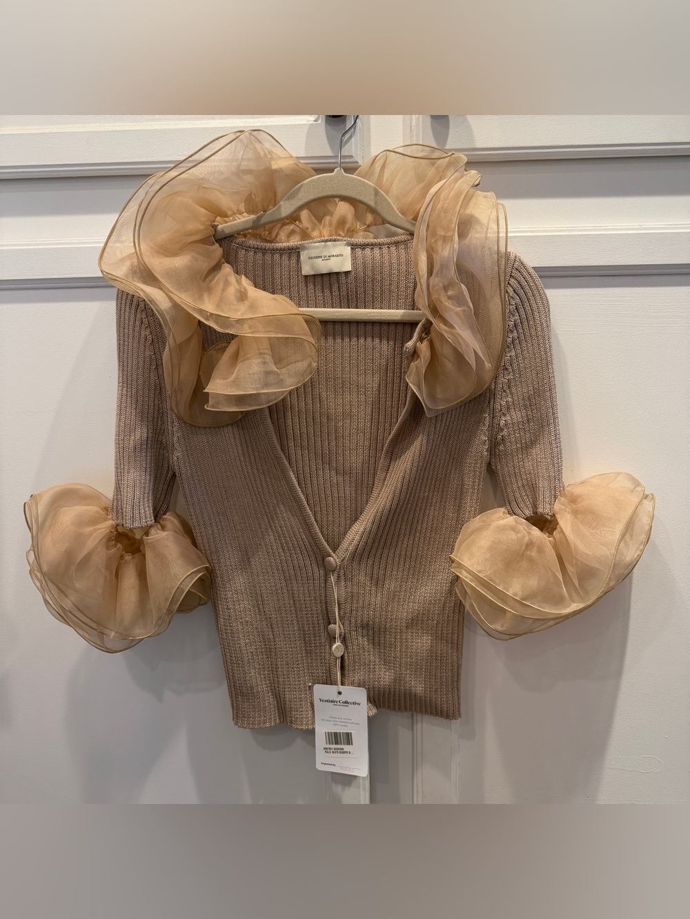 Giuseppe Di Morabito Ribbed Knit Cardigan with Organza Ruffle Detail Sz 6